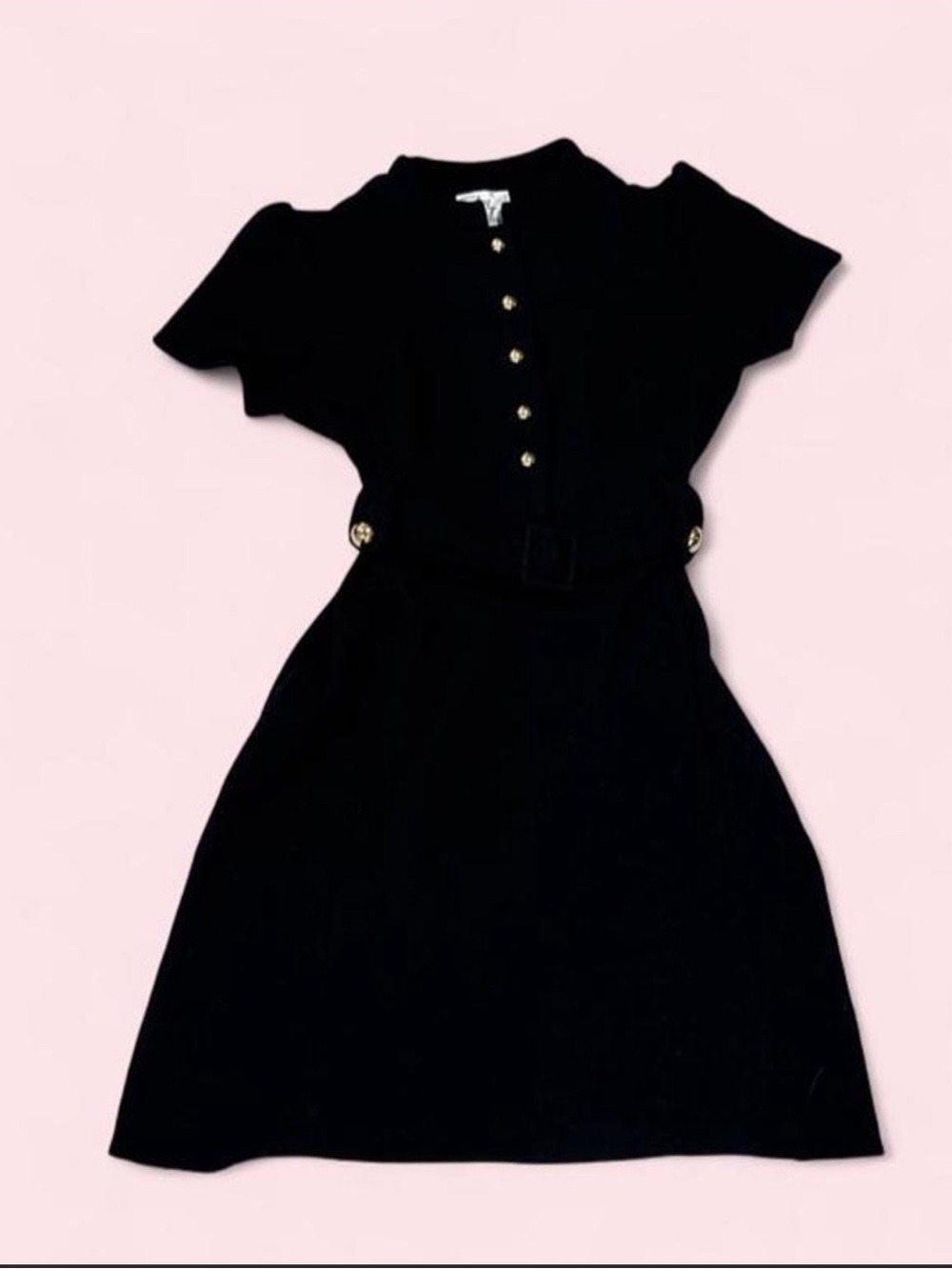 Milly Black Short-Sleeve Belted Dress with Gold Buttons